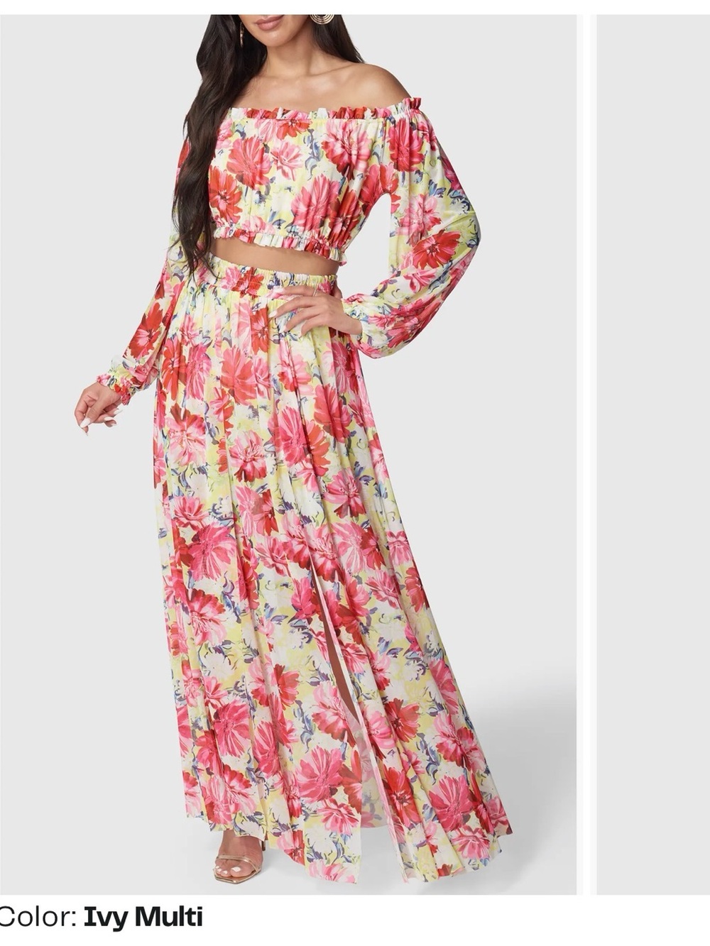 bebe Floral Off-Shoulder Maxi Skirt in Pink and Yellow